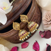 Vriksham Gold Look Alike Peacock Jhumka-Red Green & White-White Green Pearls-G16627